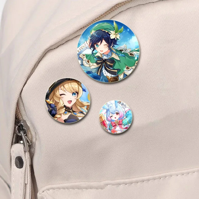 58mm Anime Genshin Impact Round Pins Cartoon Badges Cosplay Handmade Tinplate Brooch for Backpack Clothes Chest Ornament Gifts