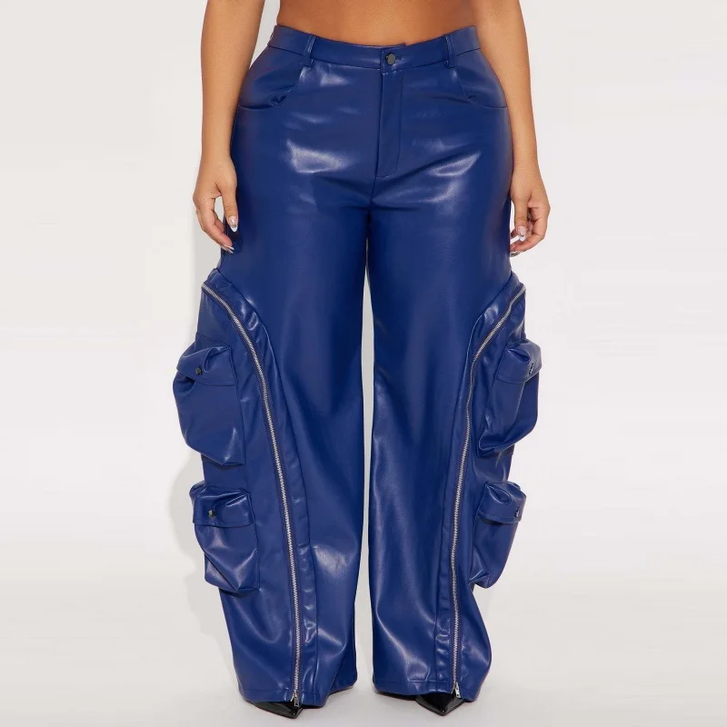 Casual PU Leather Multiple Zipper Pocket Cargo Pants 2026 New Fashion Elegant Harajuku High Waist Baggy Trousers Women