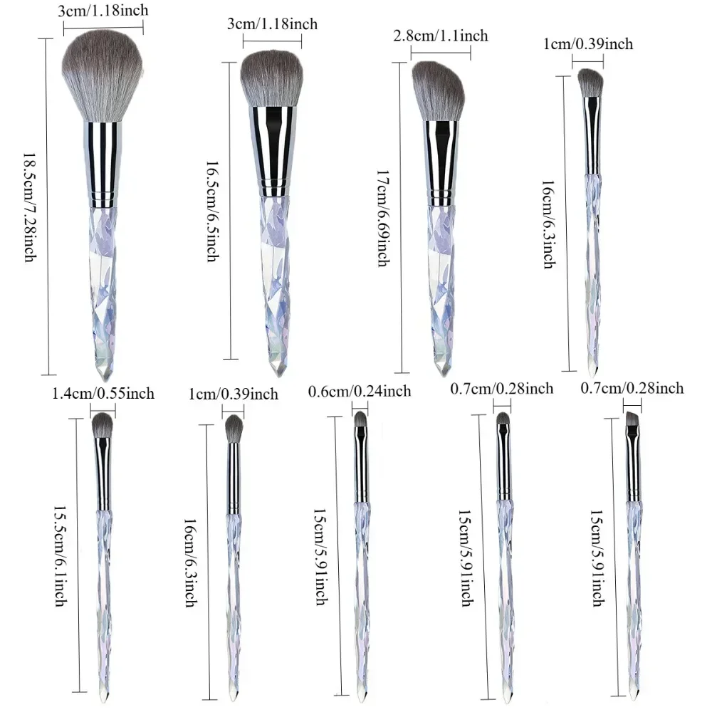Zestaw 9 pędzli do makijażu Ice Crystal, profesjonalne pędzle do różu i cieni do powiek, wysokiej jakości estetyczne narzędzia kosmetyczne
