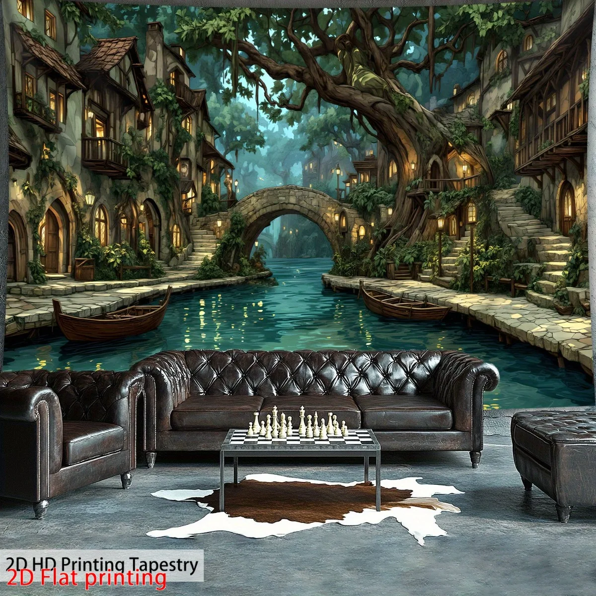 Medieval Canal Town Tapestry, Fantasy Water Village Stone Bridge River Wall Hanging Enchanted Home Bedroom Wall Art Decor