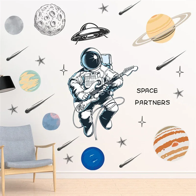Funny Spaceman Playing Guitar Wall Sticker For Kids Bedroom Home Decoration Diy Planet Star Mural Art Pvc Decals Cosmos Poster