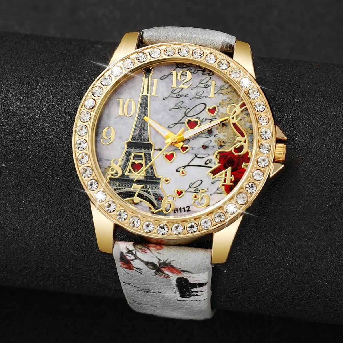 Eiffel Tower Women Watch Gold Crystal Bezel Vintage Printed Dial PU Leather Strap Ladies Quartz Wristwatch No Box