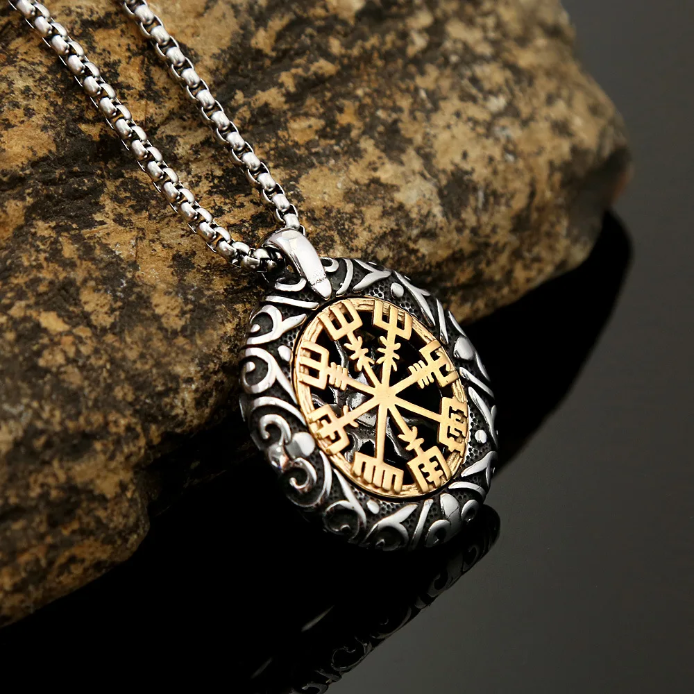 European And American Vintage Necklace Punching Compass Titanium Steel  Men Viking Pendant