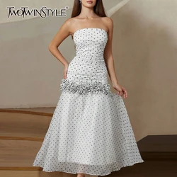 TWOTWINSTYLE Solid Slimming Spliced Printing Elegant Dresses For Women Strapless Sleeveless Patchwork Gauze Dress Female Fashion