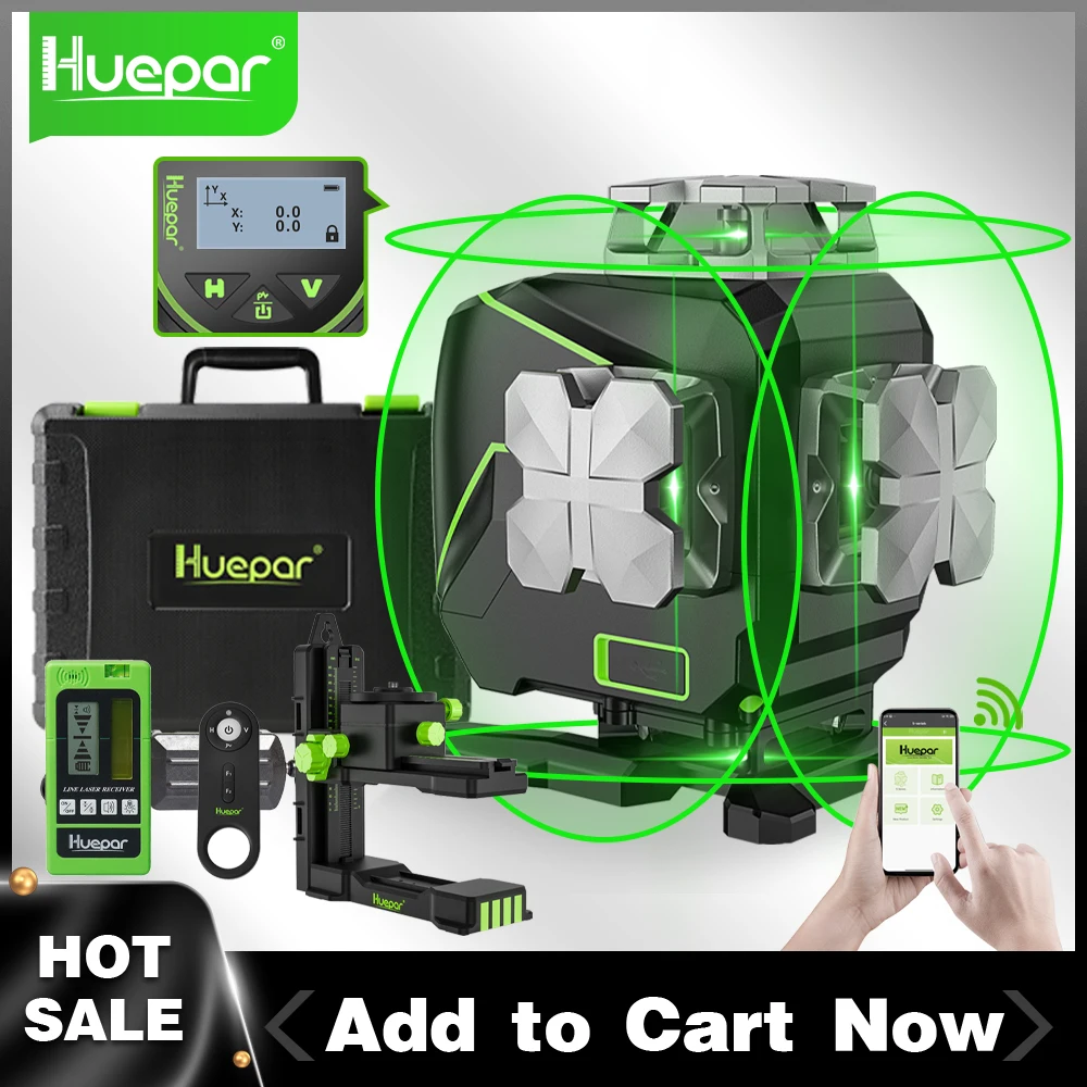 Nível Laser 4d de Auto-nivelamento Linha Cruzada com Receptor Tela Lcd Bluetooth Controle Remoto 4×360 ° S045rg Huepar4d