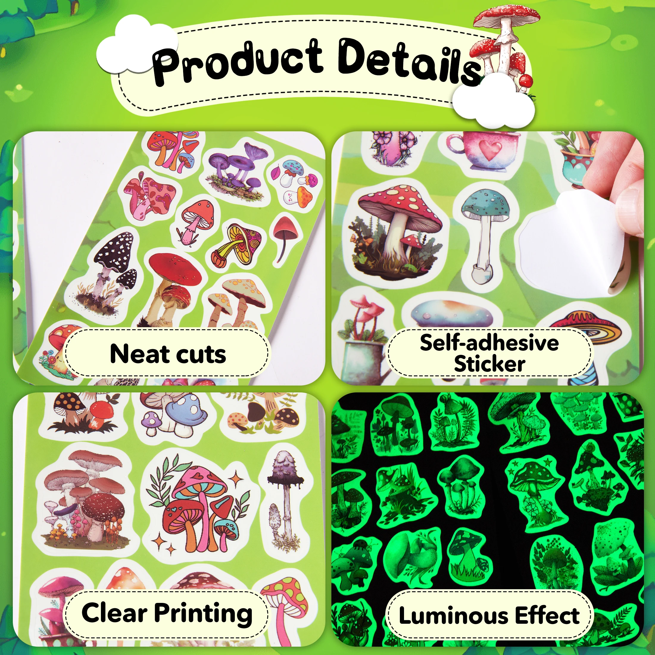 버섯 물병 야광 스티커, 비닐 방수 데칼 팩, 노트북 스케이트보드 전화 케이스, 어린이 스티커, 50 개