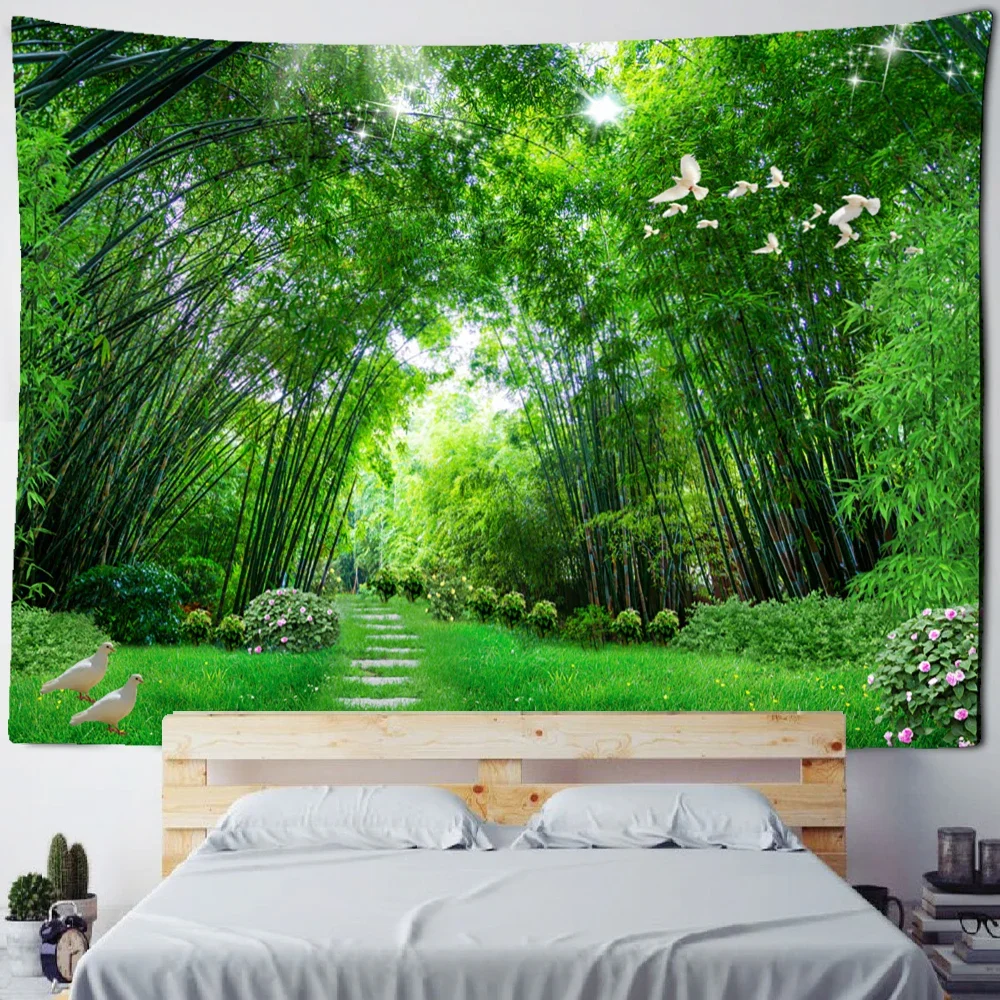 Bamboo Forest Flying Pigeon Path Tapestry Wall Hanging Hippie Tapiz Psychedelic Mystery Simple Natural Home Decor