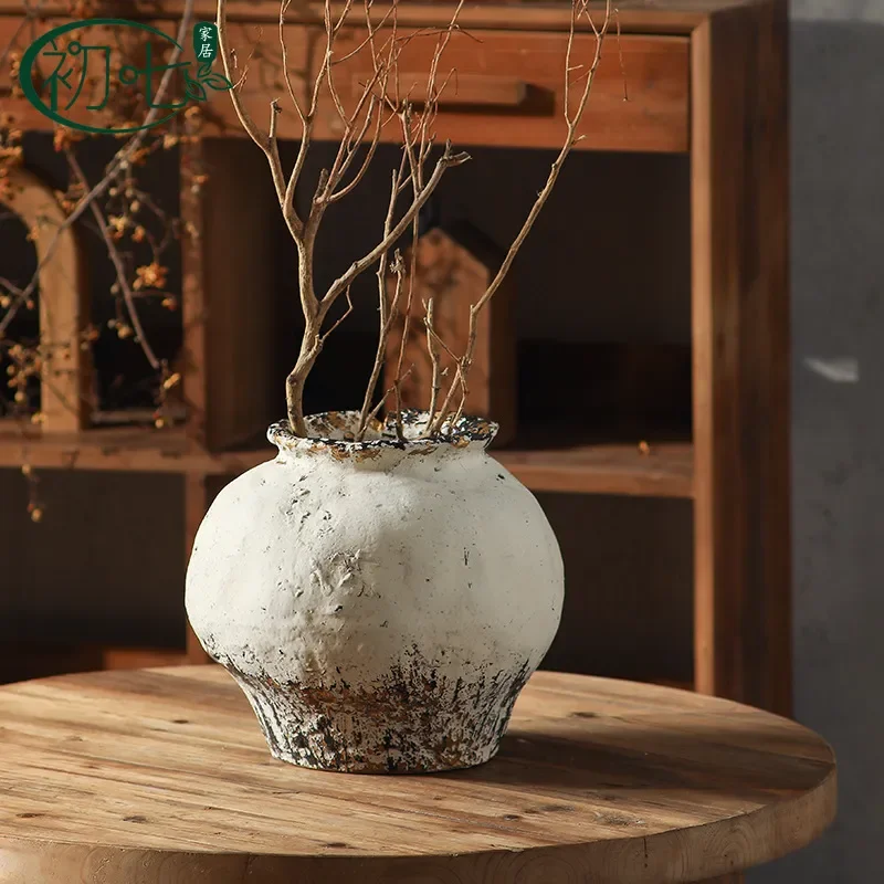 New Chinese Style Coarse Pottery Vase White Zen Dried Flower Pot Container Decorative Ornament for B&B Hotel Home Decoration