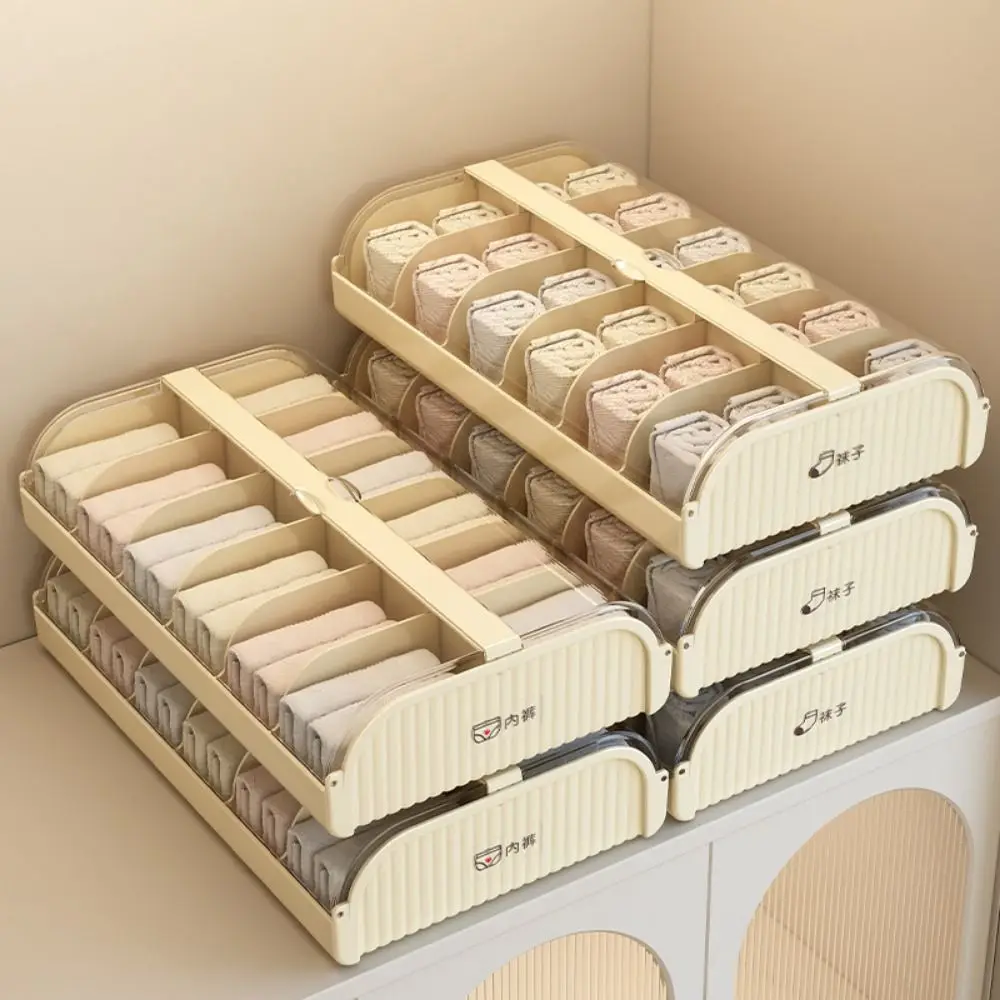12 Grids Underwear Storage Box Stackable Clear Cover Sock Storage Case Space Saving Partition Design Closet Underwear Bin