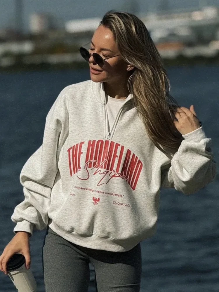 European Retro Letters Design Sweatshirts Zipper Stand Collar Loose Sports Hoodies College Women Russian Girls Large Size Tops