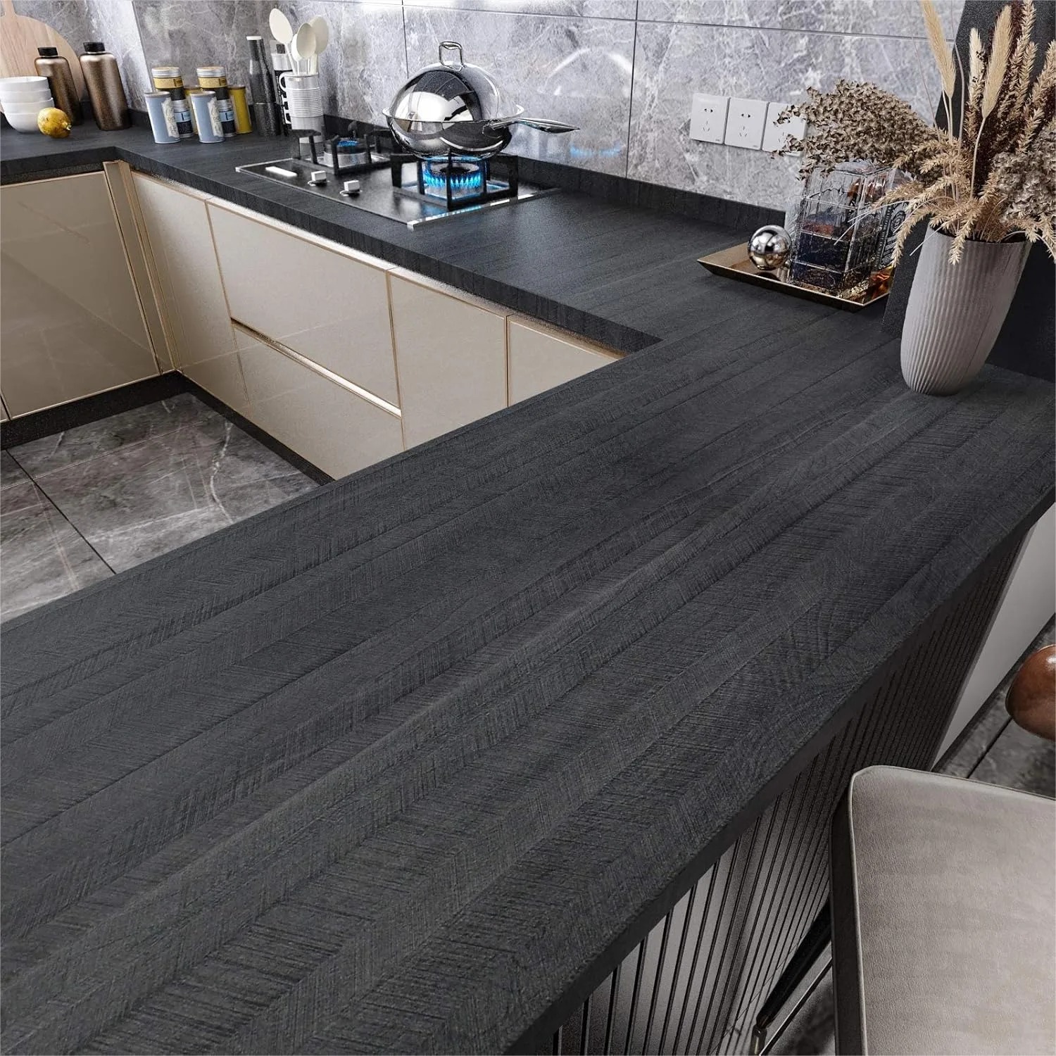 

Black Wood Grain Peel and Stick Wallpaper 36x394in Self Adhesive Vinyl Contact Paper for Countertops Cabinets Desk
