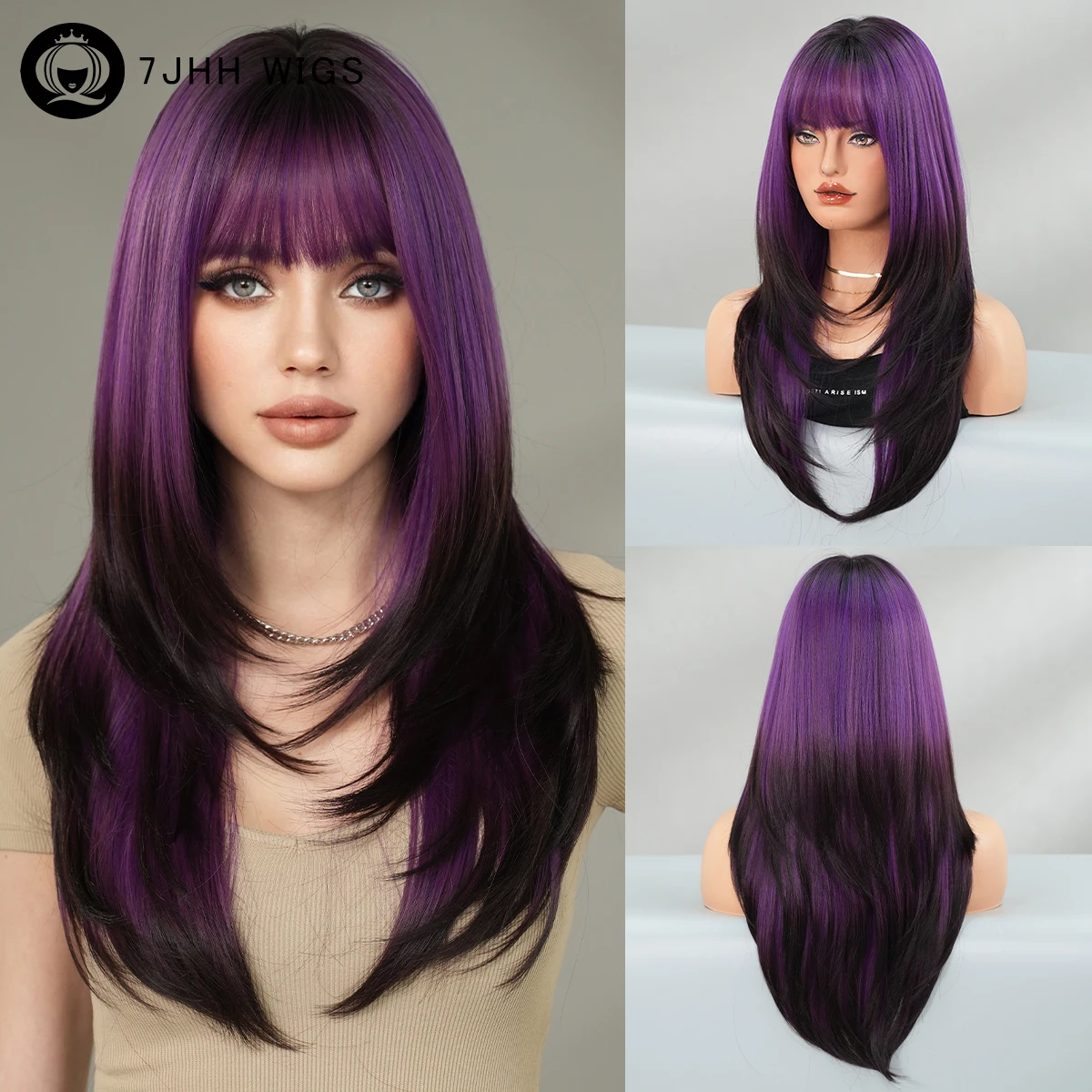 

Long Straight Purple Ombre Black Wig for Women Modest Fashion Wigs with Neat Bnags High Density Synthetic Heat-Resistant Fiber