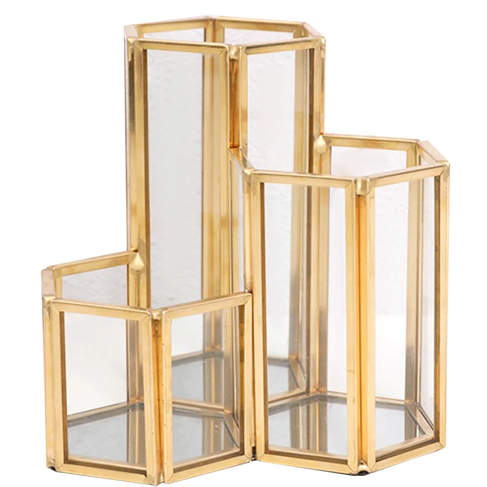

3 Grid Makeup Brush Holder Organizer Transparent Glass Desktop Pen Holder Nordic Style Alloy Frame for Vanity Home Office