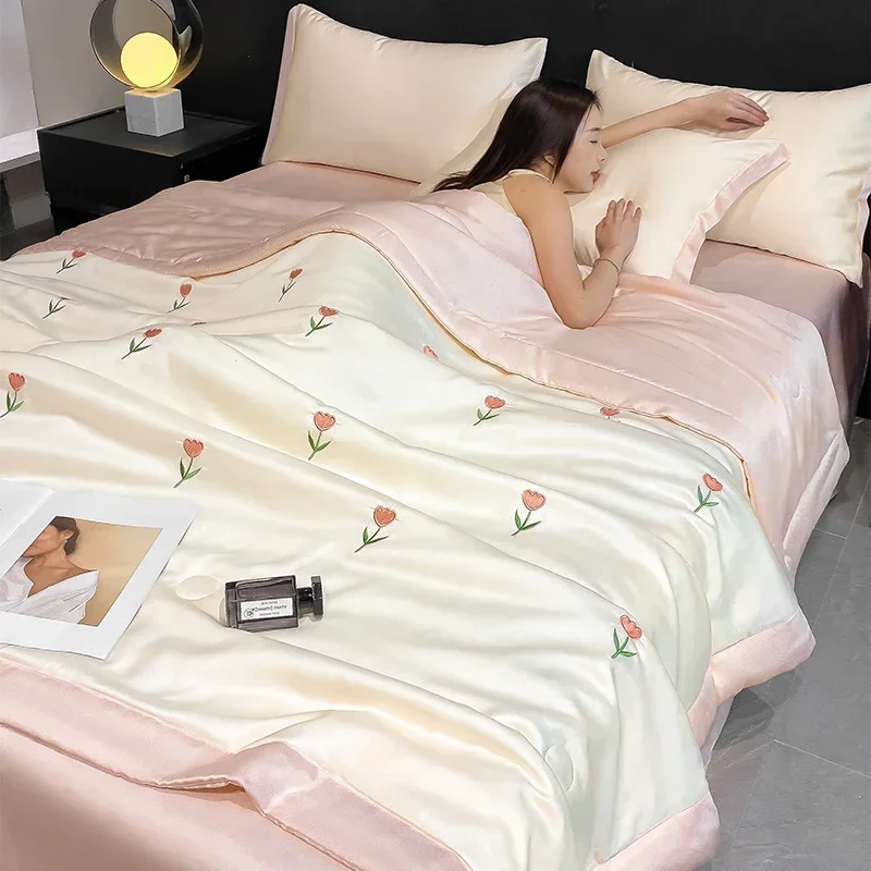 High-end Embroidered Spring Summer Quilt 4 Pcs Set or 3 Pcs Set or 1 Pcs Luxury Skin- Friendly Summer Blanket Lightweight Duvet