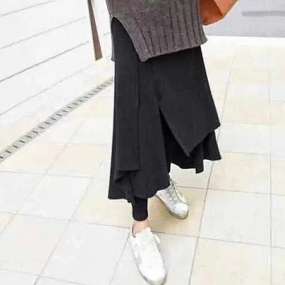 Fake Two Piece Skirt Pants High-Waist Elastic Irregular Split Hem Thickened Leggings Skirt Women Fleece Lining Maxi Skort