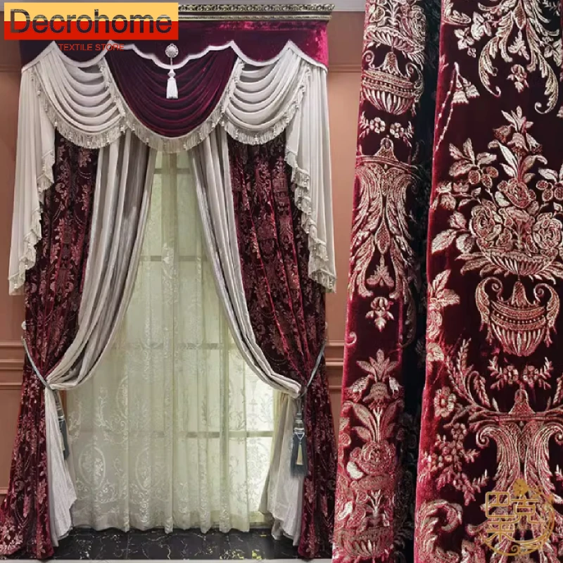 

The New Wine Red Silk Velvet Embroidered Floral Curtains Splicing Thickened Curtains for Living Room Bedroom Balcony Floating