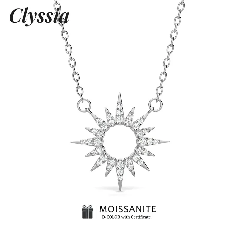 

CLYSSIA 100% муассанит, стерлинговое серебро 925 пробы, модное роскошное ожерелье с подвеской в виде солнца для женщин, классические свадебные эффектные ювелирные изделия