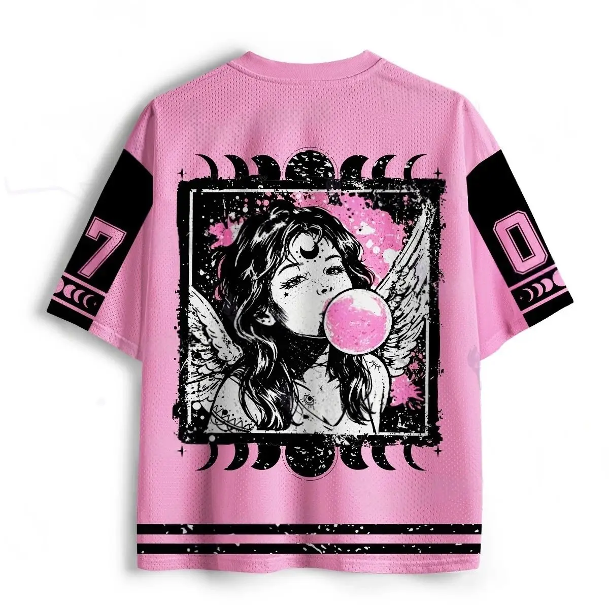 Gothic Style Angel Bubble Gum Checkered Dark Black Moon Phase Printed V-neck T-shirt for Adults and Children