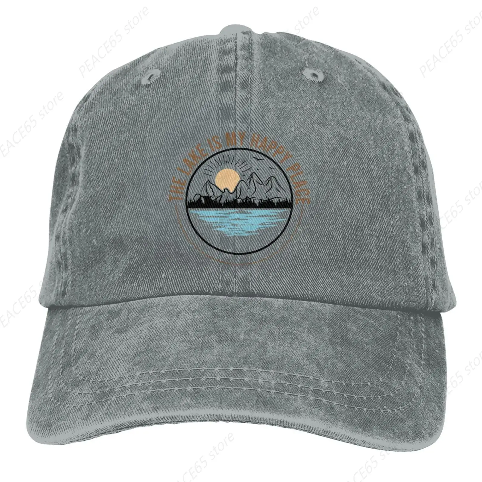 Retro Summer The Lake is My Happy Place Denim Cap Golf Dad Hat Adjustable Low Profile Cotton Hat Men Women