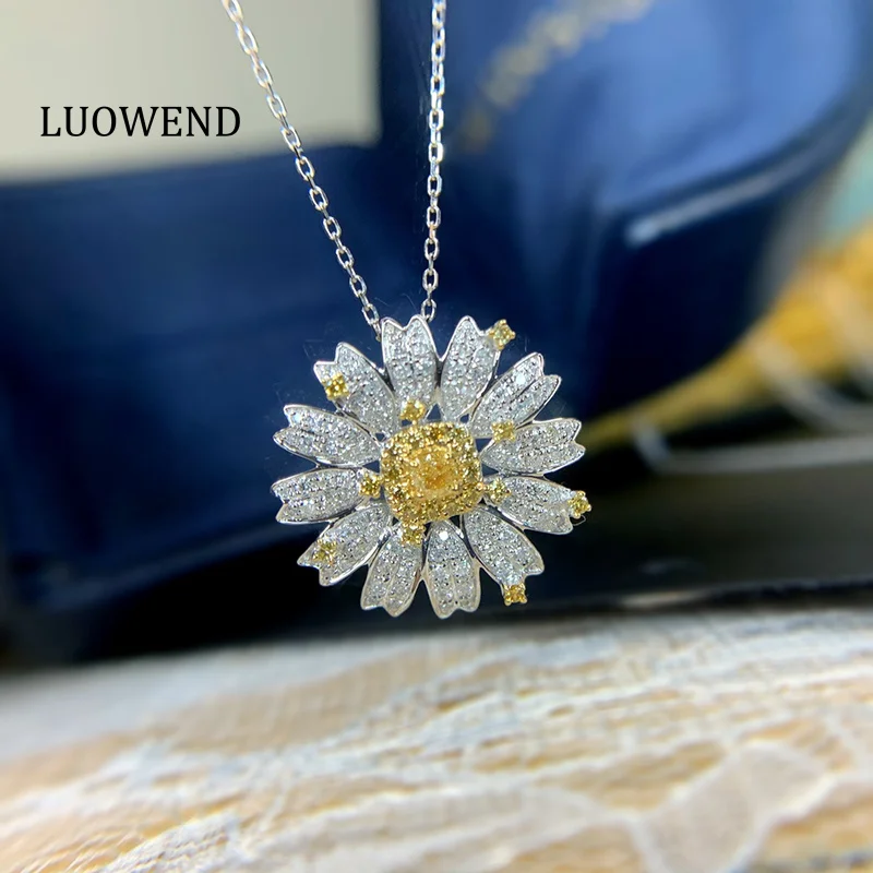 

LUOWEND 100% 18K White Gold Necklace Romantic Flower Shape Real Natural Yellow Diamond Pendant Necklace for Women Fine Jewelry