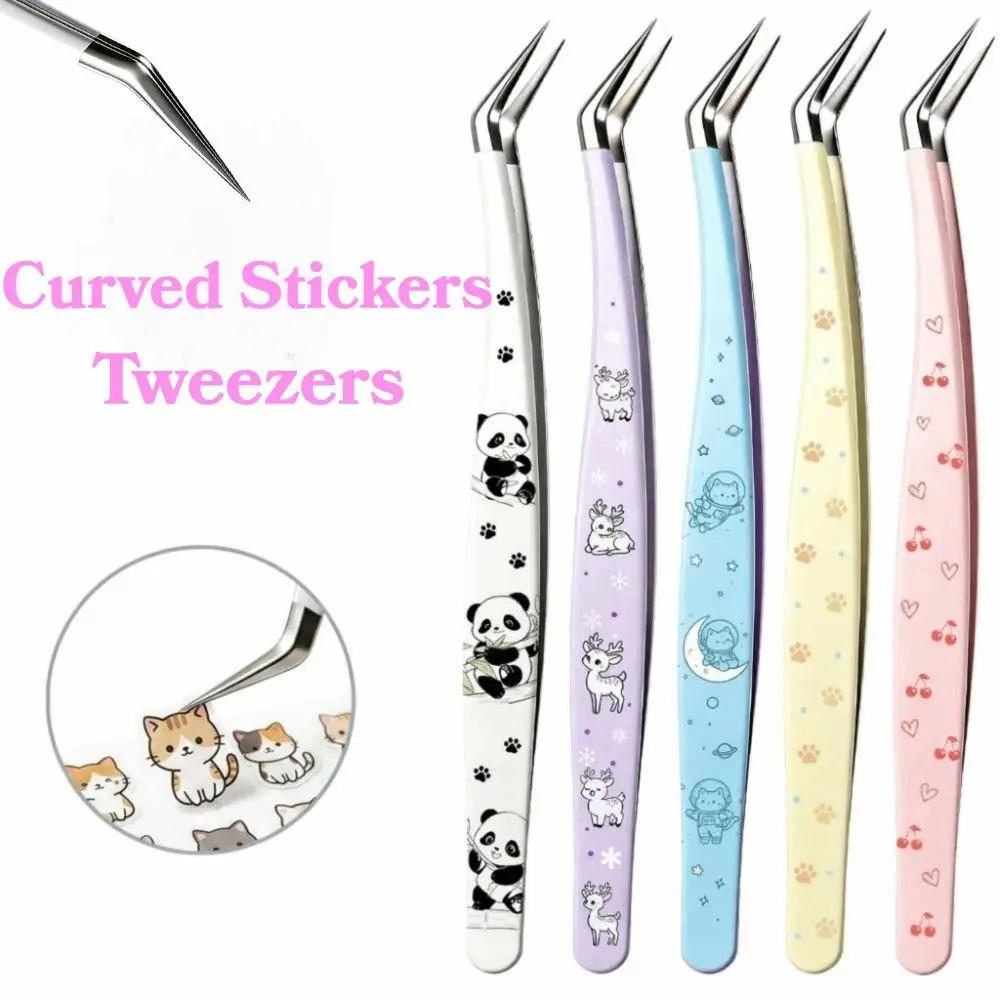 Stainless Steel Curved Stickers Tweezers Anti-static Cartoon Style Hand Account Craft Tweezers High Precision False Eyelash Clip