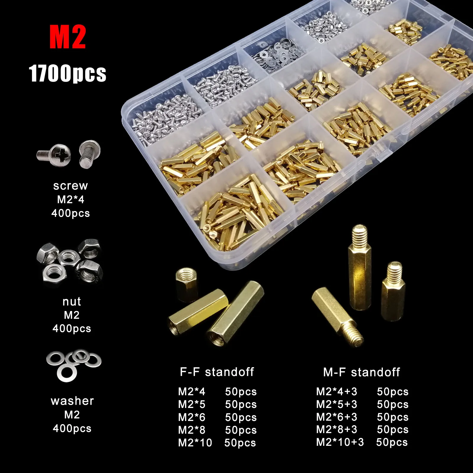 510/680/1700pcs M2 M2.5 M3 M4 PCB Motherboard Solid Brass Hex Hexagon Pillar Spacer Column Standoff Screw Nut Washer Set Kit Box
