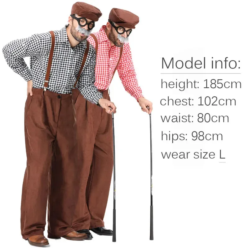 Sky01 Umorden الكبار الرجال الجد الرجل العجوز زي مجموعة بسيطة بنطلون مع الحمالات أحمر أسود منقوشة قميص قبعة الشارب GlSd01$