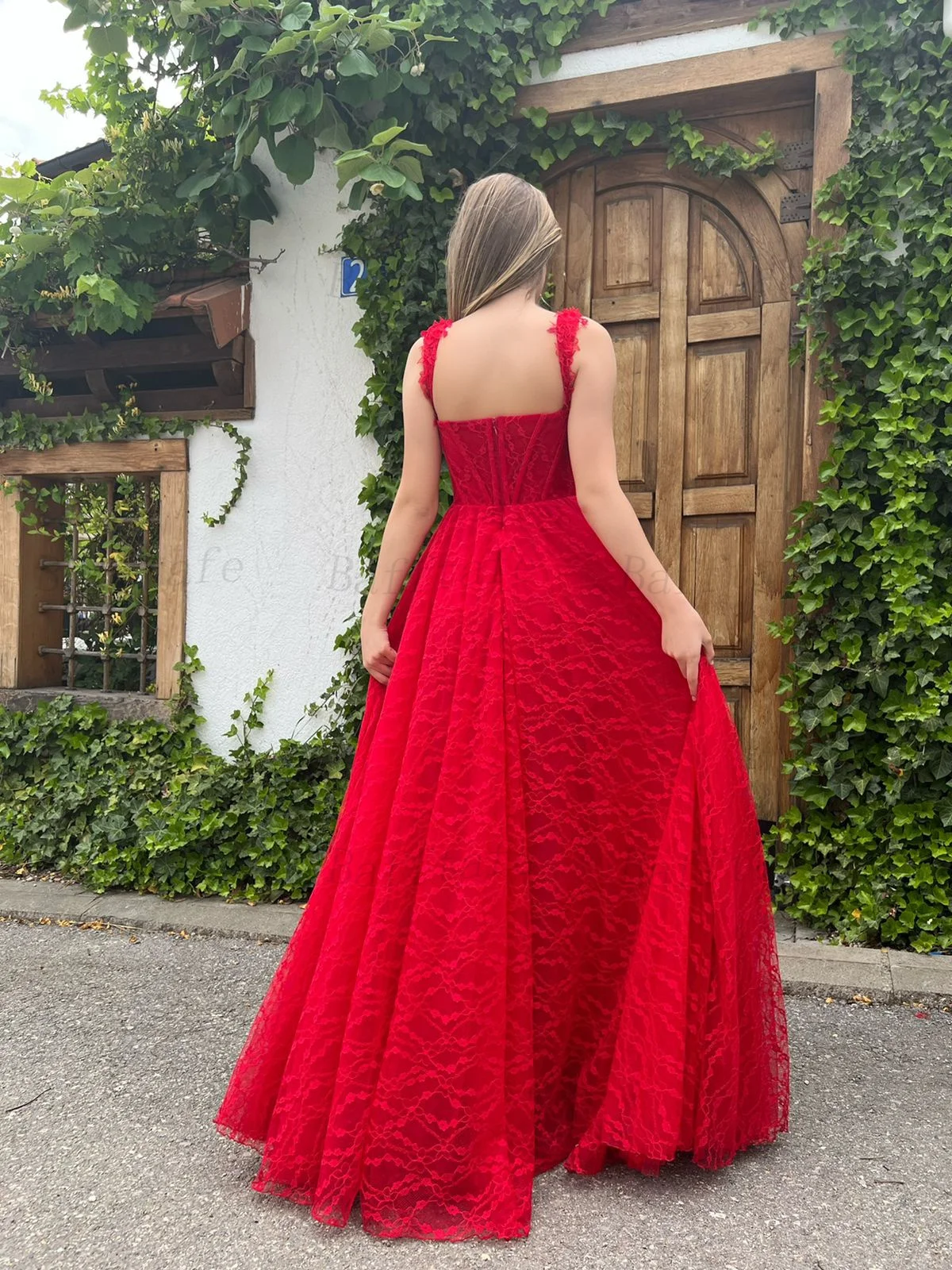 Bafftafe Customized Red Lace Women Prom Evening Dresses Straps High Slit Formal Party Gowns A Line Women Special Occasion Dress