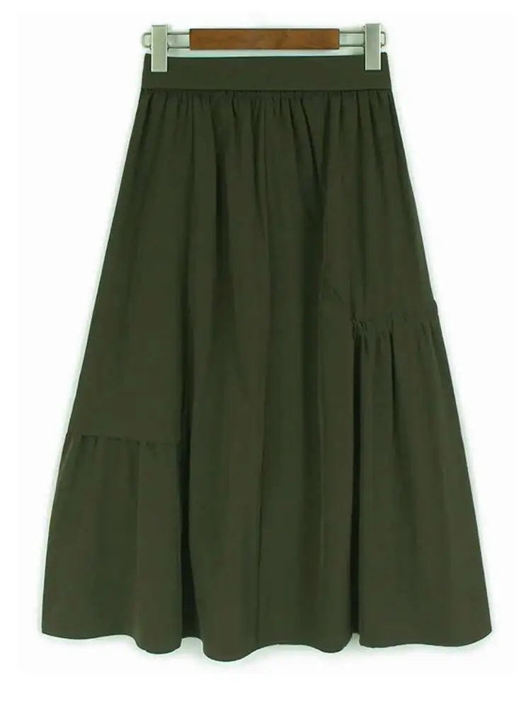 مرونة عالية الخصر الكاكي مطوي مربوط الرباط ألف خط نصف الجسم تنورة المرأة موضة جديدة ربيع الخريف