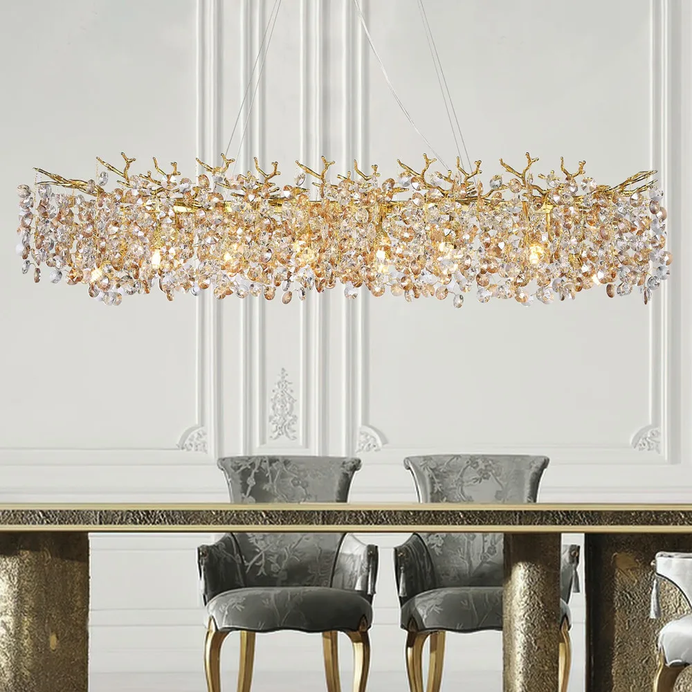 

2024 Modern Long Rectangle Crystal Chandelier Dining Room Gold Island Branch Hanging Chandelier Large Nordic Led Chandelier