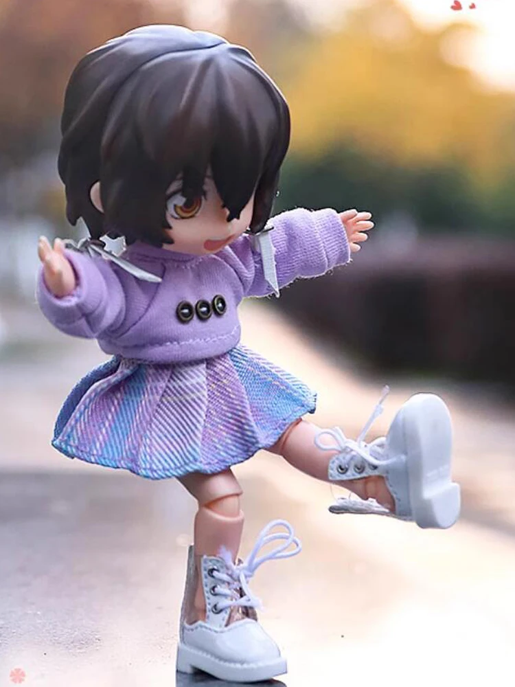 D05-P249 children handmade toy 1:12 ob11 gsc bjd pd9 doll clothes Long sleeved shirt with checkered shorts 2pcs/set