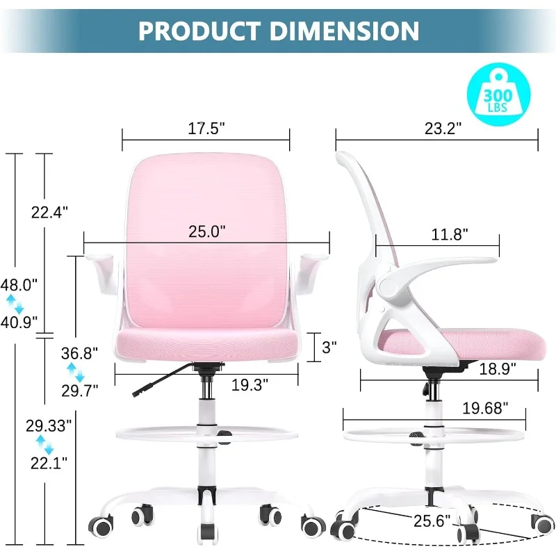 Tall Drafting Chair with Footrest Ring for Home and Work, Ergonomic Home Desk Office Chair with Flip up Arms and Lumbar