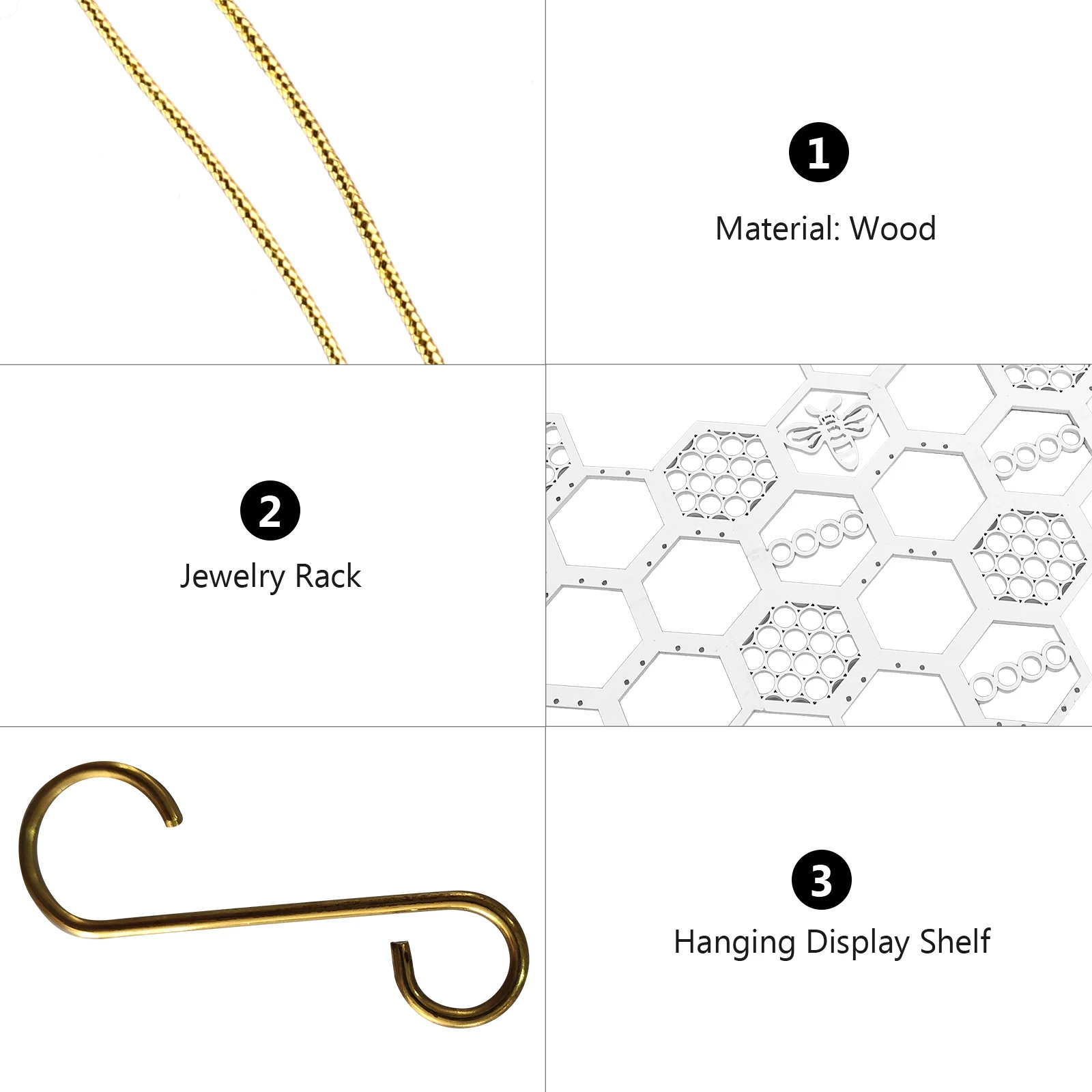 

8pcs Honeycomb Display Rack Wooden Jewelry Storage Organizer for Home Shop Jewelry Rack with S Hooks White