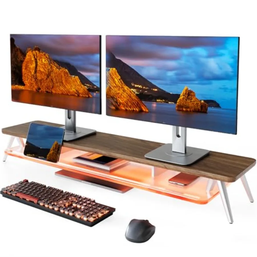 

Подставка для двух мониторов, 2-уровневая, акриловая, с LED-подсветкой, 42,5 дюйма, деревянная и алюминиевая настольная полка с держателями для телефона и планшета