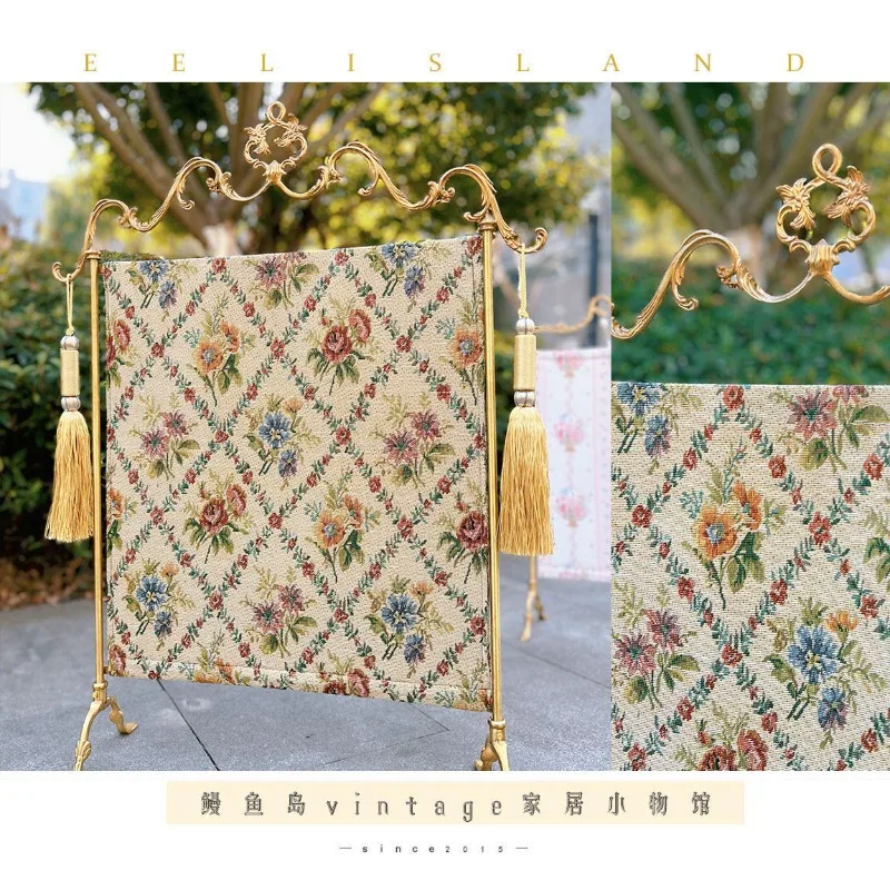 Original French retro literary weaving brass fireplace screen floor ornament living room bedroom European soft decoration