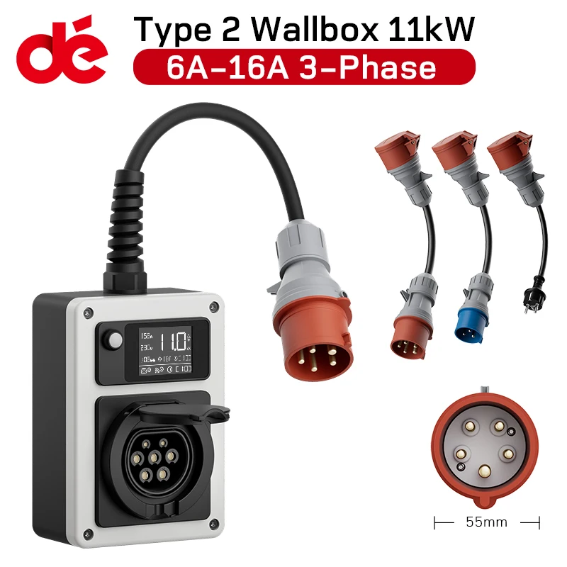 dé EV Charger Mobile Wallbox 11kW CEE to Type 2 Socket Vehicle Charging 16A 3 Phase 22kW 32A RFID Control with Electricity Meter