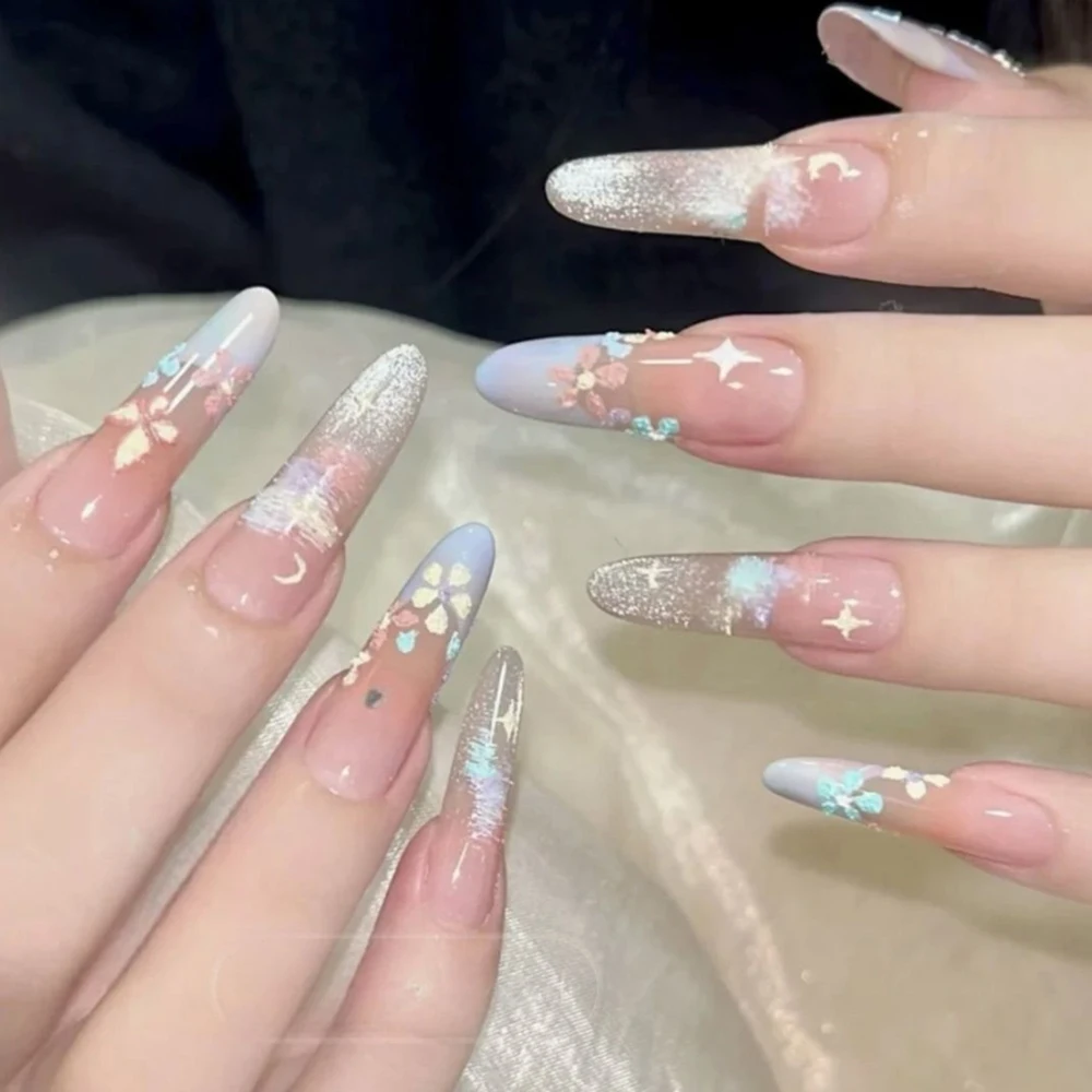 10 Uds. De ataúd de aguja largo a la moda, uñas postizas brillantes con diamantes de imitación Y2K, ojos de gato, flores de perlas, mariposa, uñas postizas removibles francesas