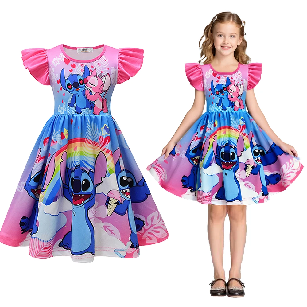 

Stitch Dress Movie Cosplay Costume 3D Digital Cartoon Print Flying Sleeve Dresses 3-14 Years Birthday Party Gift Halloween Skirt