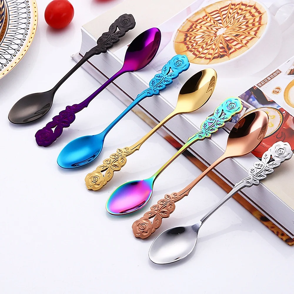 1 Pc Stainless Steel Rose Spoon Flower Handle Coffee Tea Small Stirring Ice Cream Dessert Spoon