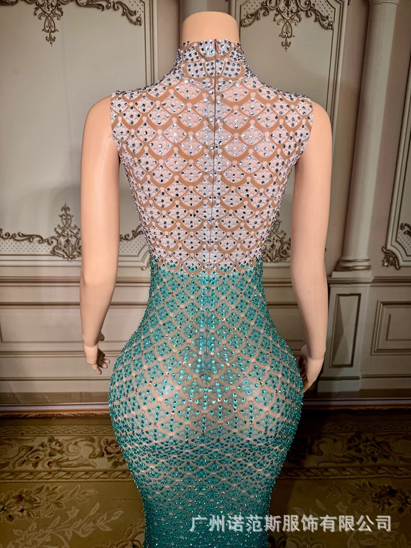 패션 그라데이션 컬러 우아한 넥 드레스 성인 모델 캣워크 의류 여성 연회 사회자 드레스 무대 공연 드레스