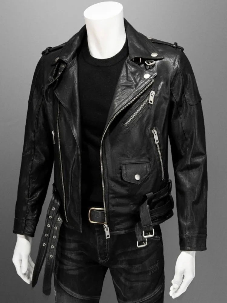 Street Punk Style Genuine Leather Jacket Men Turn-Down Collar Slim Black Short Coat Zipper Mens Sheepskin Motorcycle Jackets