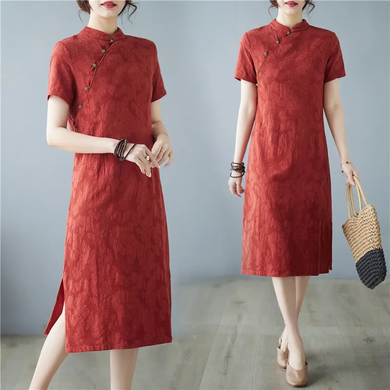 

Slimming Faionable Traditional Chinese Sle Summer New Arrival Dr Embroidered Improved Stand Collar Midi Dr