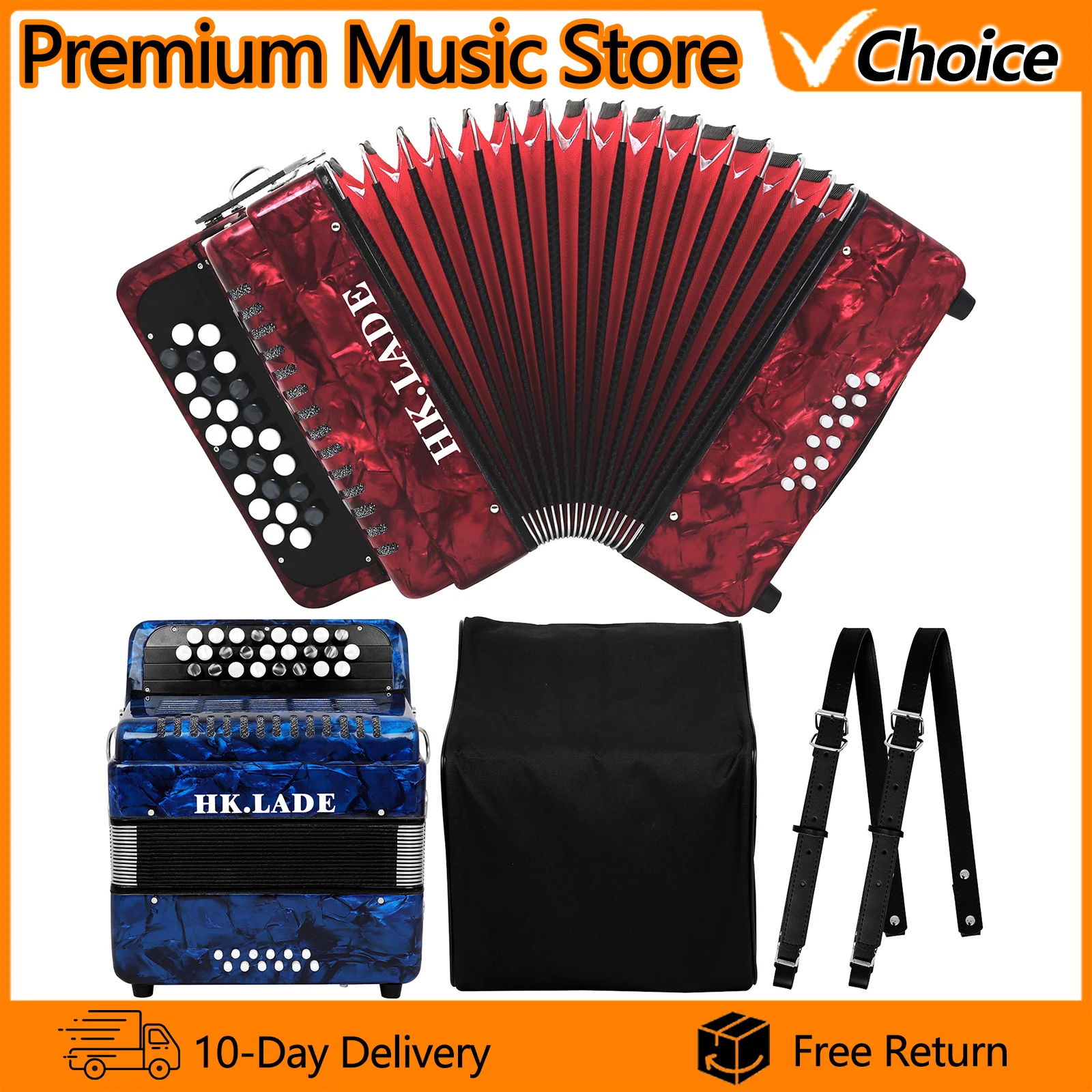 HK·LADE Bayan Accordion AH-150 25-Key 12-Bass Voice Changing Accordion Sheepskin Bellows Accordion Blue/Red with Storage Strap