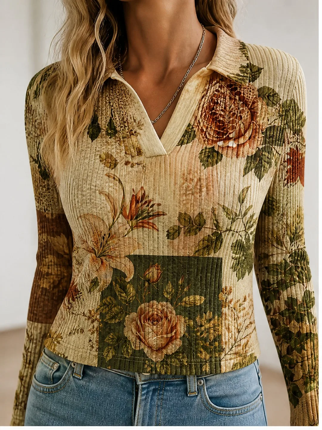 Elegant Womens Ribbed Knit Crop Top with Polo Collar V Neck Figure Flattering Long Sleeve Pullover for Spring Street Style Smart