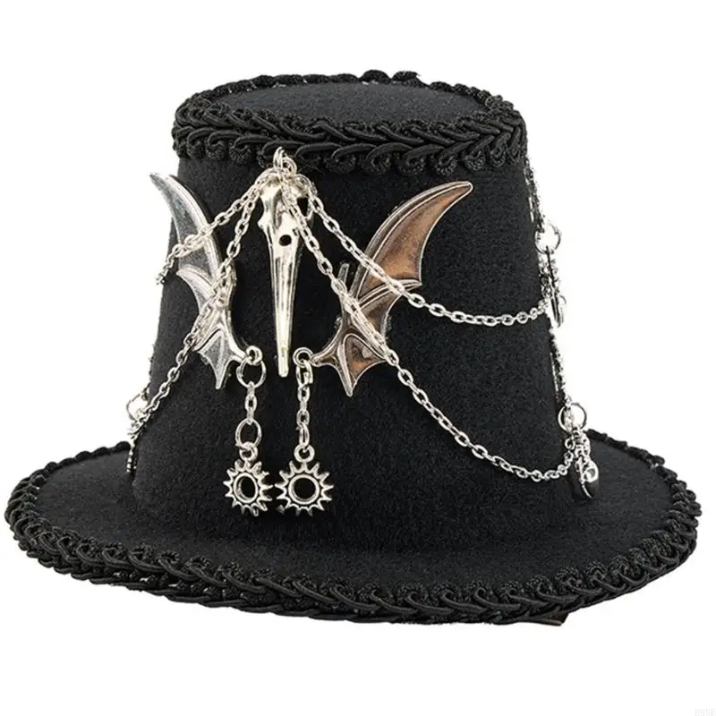 

B95F Handmade Vintage Skull Hat Features Skeleton Ravens Wing And Intricate Gear for Men and Women