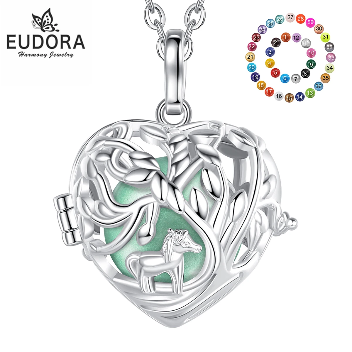 Eudora 20mm Harmony Ball Horse Tree of Life Necklace Pregnancy Bola Angel Caller Baby Wishing Chime Ball Pendant women jewelry