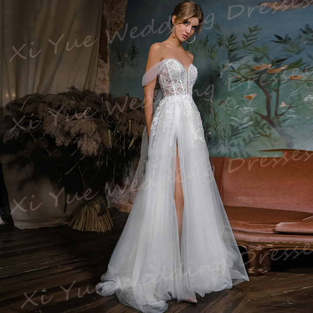 Affascinante una linea abiti da sposa da donna eleganti Appliques di pizzo abiti da sposa Sexy spacco laterale con spalle scoperte Vestido De Noivas