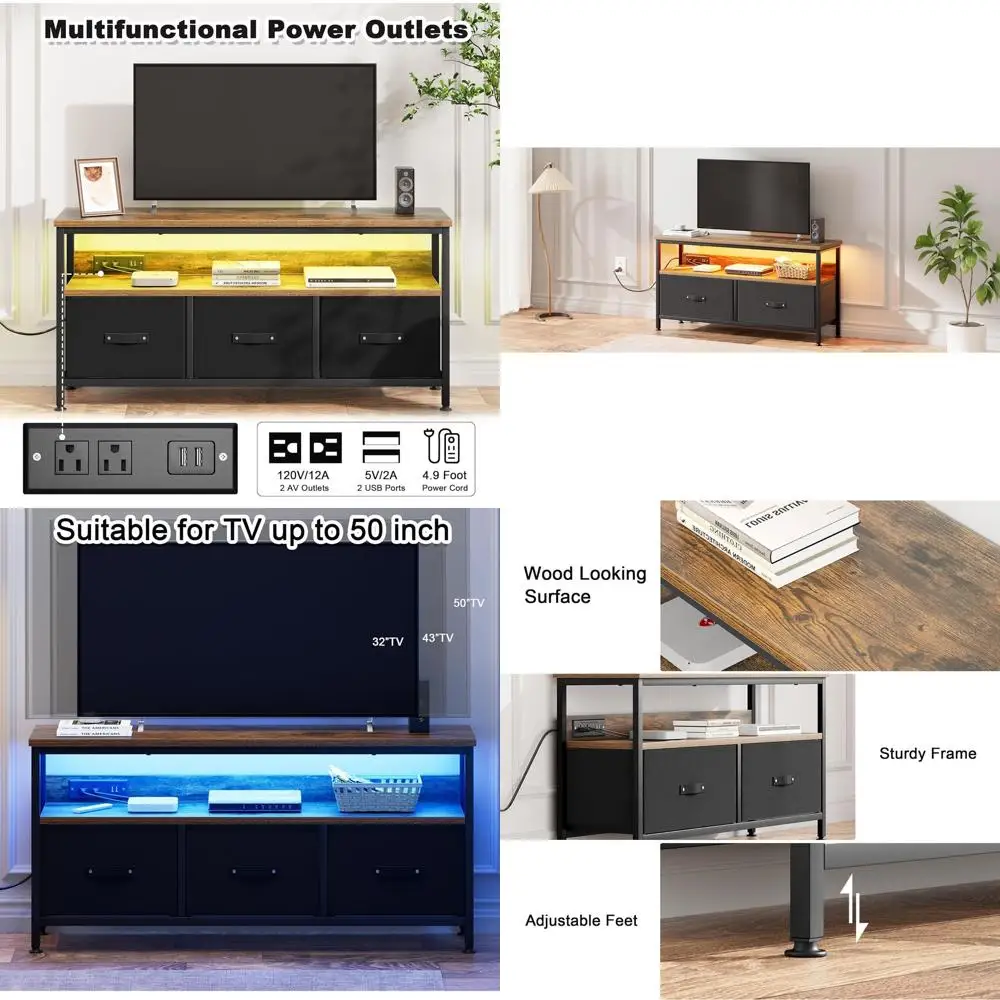 

Brown Medium 50 TV Stand with Charging Station, LED Lights, and 2-Drawer Storage for Living Room Entertainment