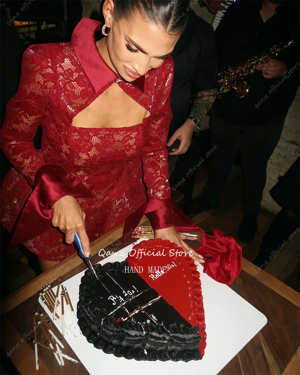 Qanz Sexy Mini Prom Dresses Red Full Lace With Jacket Birthday Dress Luxury Long Sleeves Backless Party Gowns Woman Customized