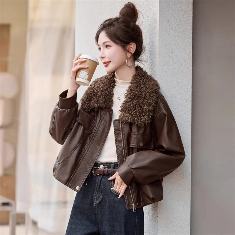 Fashion Women's Leather Jacket Autumn Winter Coat Fleece-lined Thickened New Detachable Fur Collar Warm Leather Outwear Tops